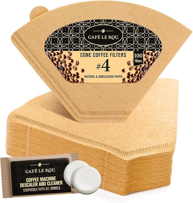 Cafe Le Rou Natural Unbleached Paper Cone Coffee Filters, #4 Size, Brown, 100 Count, for Pour-Over and Drip Coffee Makers