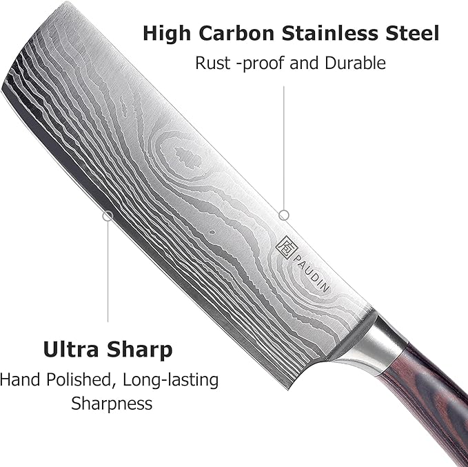 PAUDIN Nakiri Knife - 7" Razor Sharp Meat Cleaver and Vegetable Kitchen Knife, High Carbon Stainless Steel, Multipurpose Asian Chef Knife for Home and Kitchen with Ergonomic Handle
