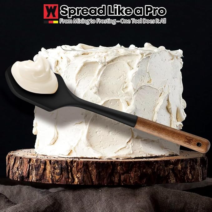 Silicone Head Scraping Spatula with Wooden Handle: Multi-Purpose Cooking Tool for Spreading, Baking and Mixing, Heat Resistant Cookware, Protects Surfaces with Gentle Head Design