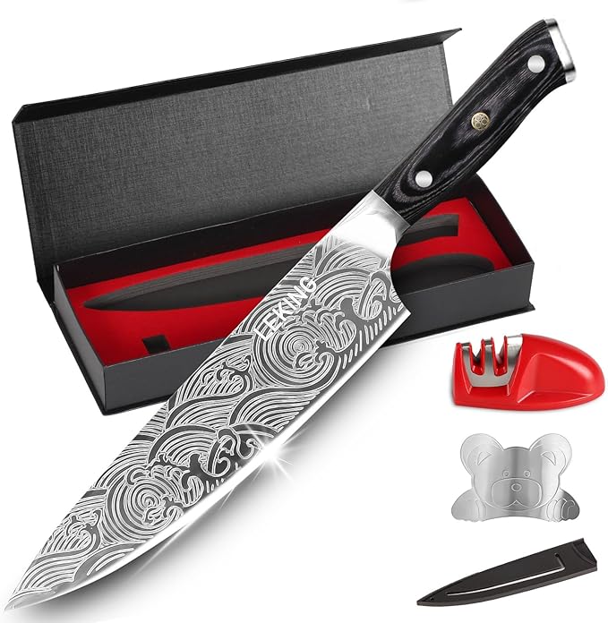 Leking 8 Inch Chef Knife, Kitchen Knife with Sharpener and Finger Guard, Professional High Carbon Stainless Steel Sharp Chef's Knife Set with Ergonomic Handle in Premium Gift Box