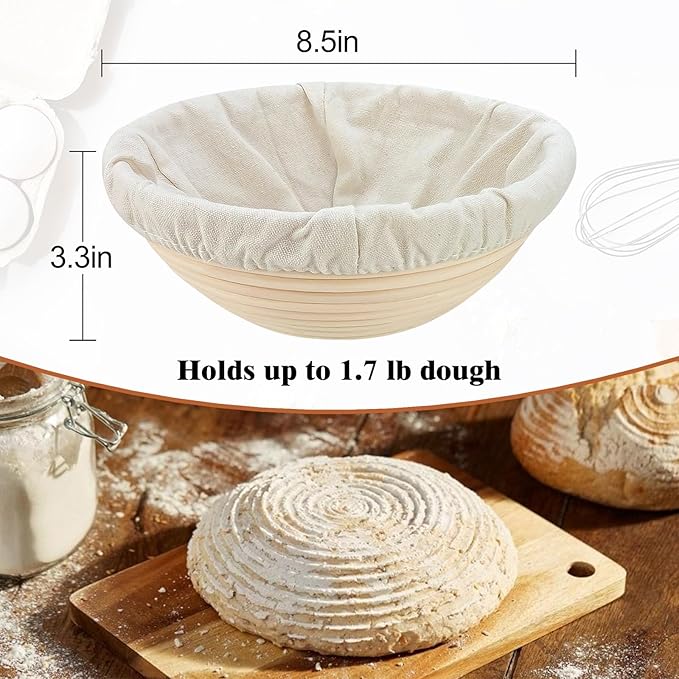 Banneton Bread Proofing Basket: 2 Pcs 8.5-inch Round Rattan Bread Bowls with Liners for Artisan Sourdough Bread Making for Home Bakers and Professionals