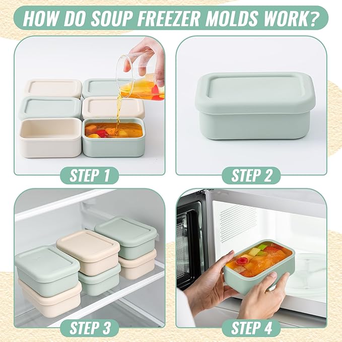6 Packs 2 Cup Silicone Soup Freezer Molds with Lid Silicone Soup Freezer Trays Rectangle Reusable Food Preserving Tray Freezing Sauces Stews(Sage Green, Beige)