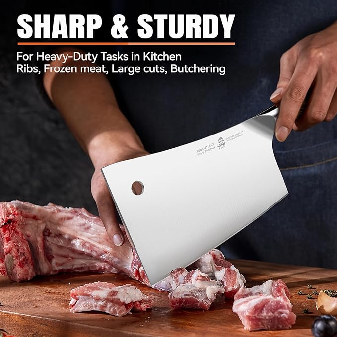TUO Meat Cleaver, 7 inch Heavy Duty Bone Chopper, High Carbon German Stainless Steel Butcher Knife, Pakkawood Handle Kitchen Chopping Knife with Gift Box - Fiery Phoenix Series