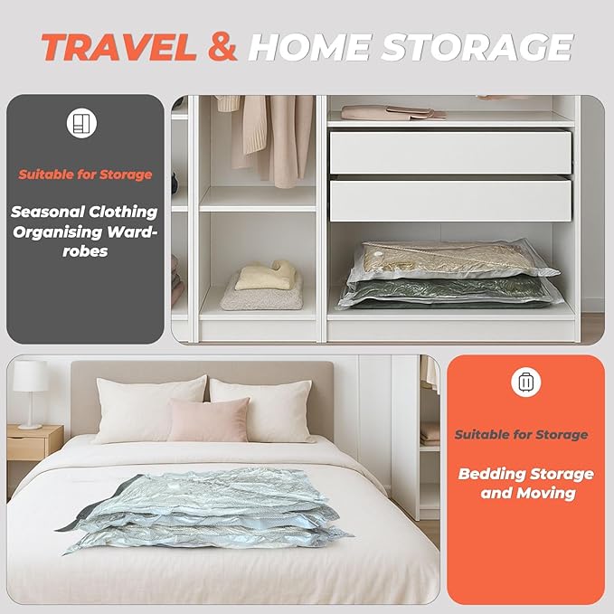 Vacuum Seal Bags for Clothing Travel, 8 Pack 34" Vacuum Storage Bags with Wireless Charging Pump Compression Packing for Clothes Blanket Bedding Suitcase Luggage, Space Saver for Travel