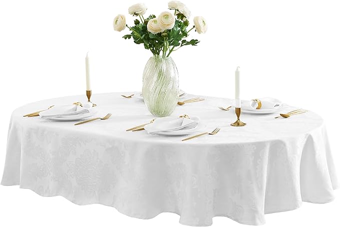 Newbridge Barcelona Luxury Damask Fabric Tablecloth, 60” Wide x 120” Oval, White, 100% Polyester, No Iron, Soil Resistant Dining Room, Party and Banquet Table Cover
