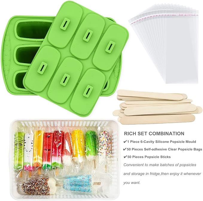 Bangp Popsicle Molds,6 Pieces Popsicles Molds Silicone BPA Free,Homemade Popsicle Maker,Reusable Easy Release Ice Pop Molds for Kids Adults,with 50 Popsicle Sticks and 50 Popsicle Bags(Green)