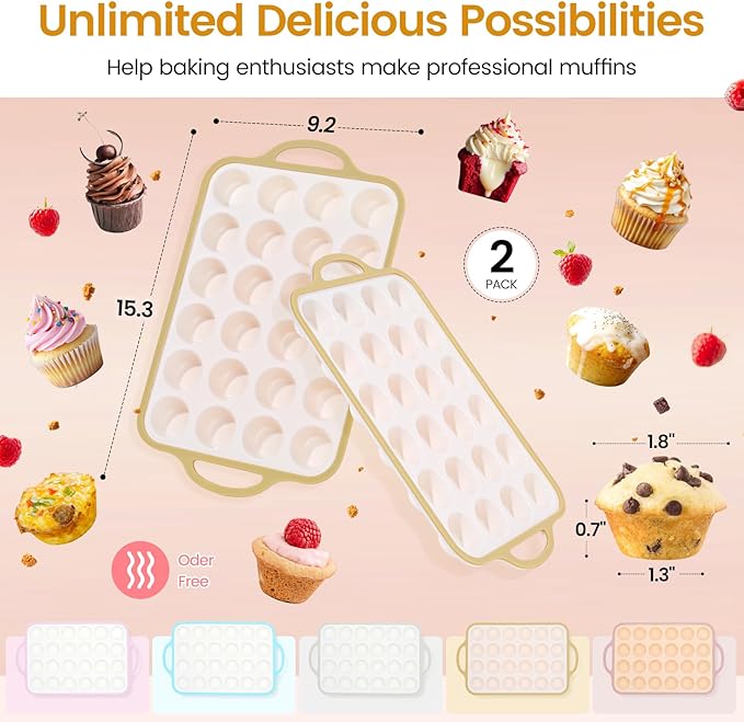 Silicone Mini Muffin Pan With Metal Reinforced Frame - 24 Cups Durable Silicone Cupcake Pan for Muffin, Cupcakes, BPA Free and Dishwasher Safe - 2 Piece Light Yellow