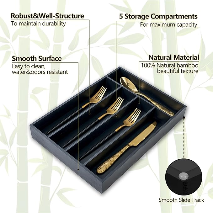 Silverware Organizer, 2 Pack 10 Inch Utensil Organizer Kitchen Drawer Organizer Bamboo Silverware Holder Cutlery Tray Organizer in Drawer Flatware Organizer Tray(5 slots, Black）