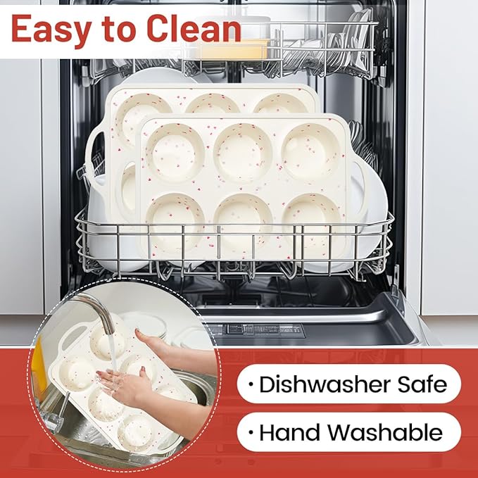 CAKETIME Large Muffin Pan, Metal Reinforced Frame 3.5 Inch Jumbo Silicone Muffin Pan Nonstick 6 Cups for Baking Jumbo Muffin, Frittatas, Cupcakes 2 Pack Love Heart