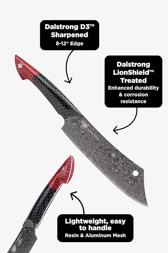 Dalstrong Crixus Chef Knife - 8 inch - Scorpion Series - Exclusive Japanese V12 Ultra™ Steel - Black Damascus - Black & Red Honeycomb Resin Handle - Versatile Chopping Kitchen Knife Leather Sheath