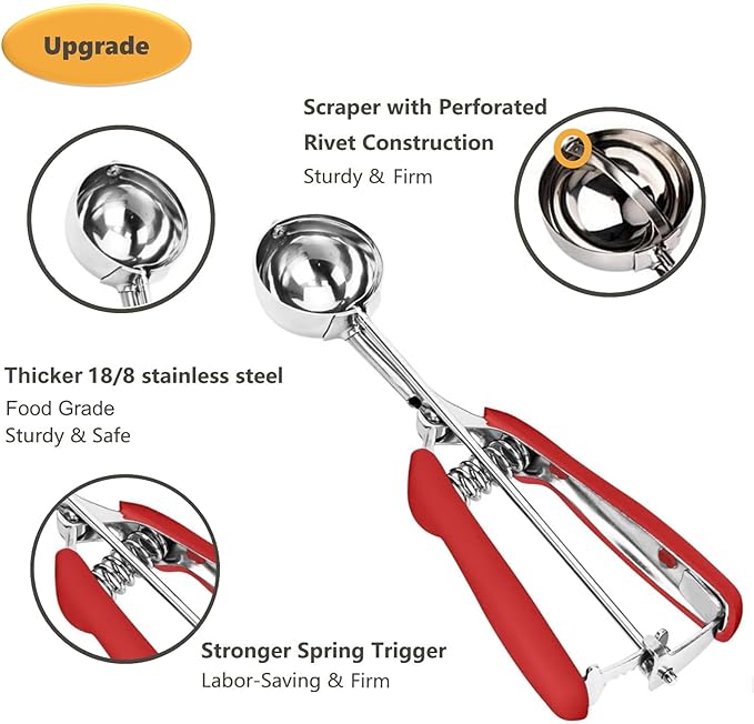 Ice Cream Scoop, Cookie Scoop, 4 Tbsp/ 60 ml/ 2 oz Cookie Scoops for Baking, 18/8 Stainless Steel Cookie Scooper for Baking, Ice Cream Scooper with Trigger Release, Cookie Dough Scoop (Red)