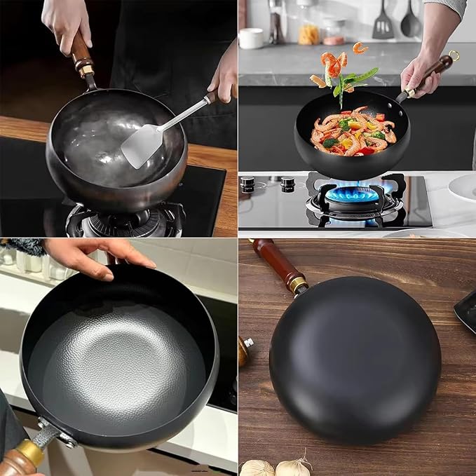 Jinswhdre Cast Iron Skillet, 9.5/11in Jinswhdre Japanese Irons Pan, Hand Forged Uncoated Iron Pan with Lid Spatula, Non-stick Wok for Cooker Gas Stir Fry Pans Durable and Rust-Free (Glass Lid,11in)