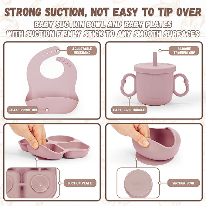 Silicone Baby Feeding Set, Baby Led Weaning Supplies, Baby Food Tableware Silicone Suction Plate, Bowl, Spoons, Fork, Waterproof Bib, Cup & Complementary Food Cake Mold, Baby Eating Utensils