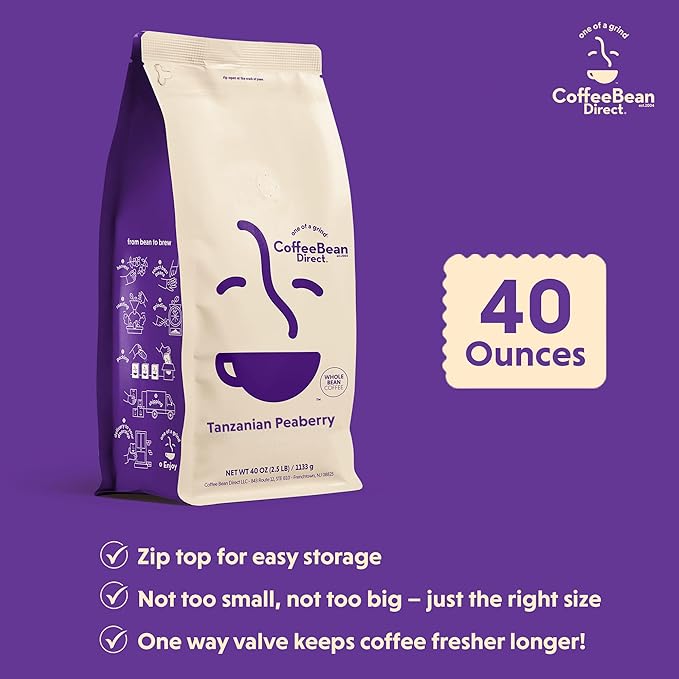 Coffee Bean Direct Tanzanian Peaberry, Whole Bean Coffee, Light Roast, 2.5 Pound Bag (Pack of 1)