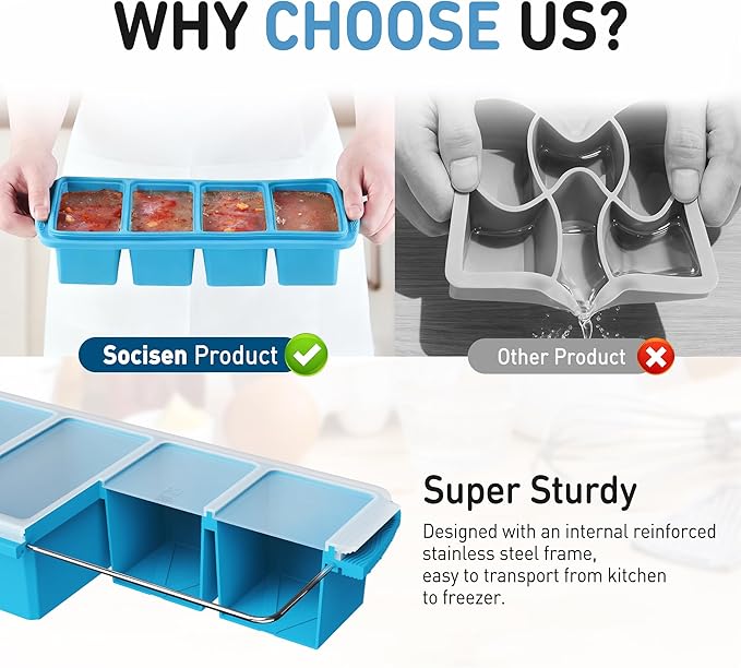 Silicone Freezer Tray with Lid Soup Freezer Container Molds with Steel Reinforced Rim Large Ice Cube Tray Makes 8 Perfect 1 Cup Portions Cubes Storage Food silicone Ice Cube Molds Housewarming Gifts