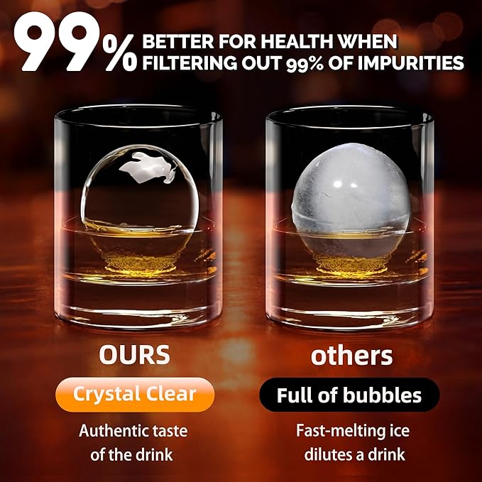 Clear Ice Cube Maker Tray – 2.5 Inch Large Round Ice Ball Mold, Stainless Steel & Silicone, Slow Melting Clear Sphere Ice for Whiskey, Cocktails, and Home Bar Use (Black-2 Pack)