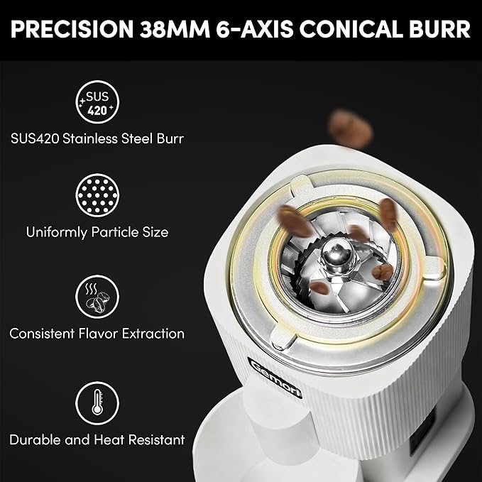 Burr Coffee Grinder,Wirsh Electric Single Dose Coffee Grinder Geimori GU38 with 38mm 6-Core Conical Burr,Stepless Adjustment for Drip,French Press,Cold Grind Settings from Fine to Coarse