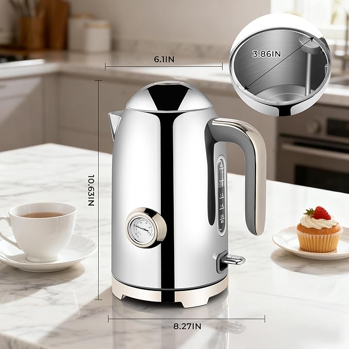 SUSTEAS Electric Kettle - 57oz Hot Tea Water Boiler with Thermometer, 1500W Fast Heating Stainless Steel Pot, Cordless LED Indicator, Auto Shut-Off & Boil Dry Protection, Glossy Silver