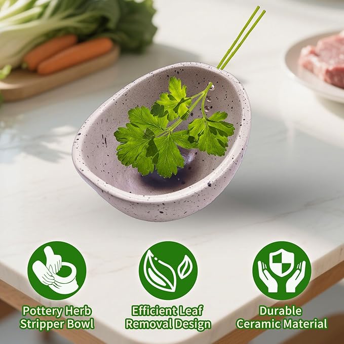 Herb Stripper, 4-Hole Design Pottery Herb Stripper,Handmade Ceramic Herb Stripper Bowl for Removing Leaves and Stems in the Kitchen (White Glaze)
