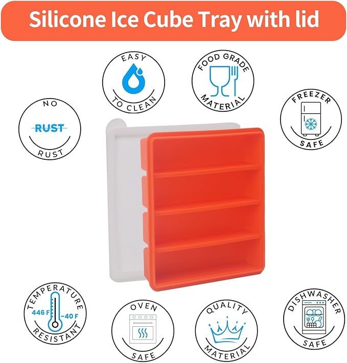 Silicone Ice Cube Molds Widely Use 2 Packs,Ice Cube Tray for Whiskey, Butter Mold,Freezer Molds for Soups and Sauces (2 Pack Orange)