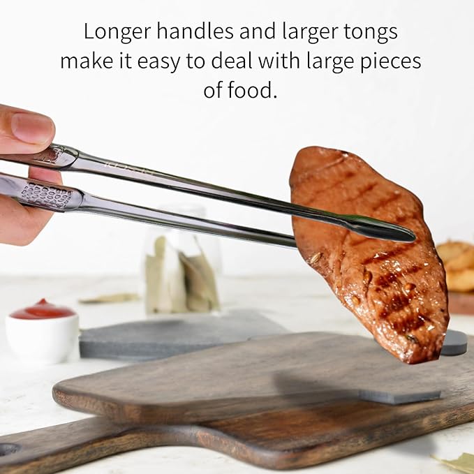 Premium Black Cooking Tongs - 304 Stainless Steel, Comfortable Grip, Non-Slip Design, High Heat Resistant - Ideal for Home, Kitchen, Barbecue & Frying Steak (black, 9 ＋12Inch)