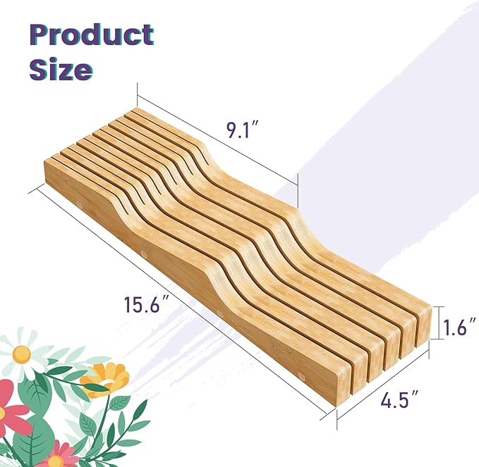 Bamboo In-Drawer Knife Block for 11 Knives(Not Included), Knife Drawer Organizer,Knife Holder Countertop,Block Knife Storage Organizer for Kitchen
