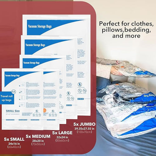 36 Pack Vacuum Storage Bags with Electric Pump, Vacuum Seal Bags for Clothing, Pillows, Blanket, Bedding, Comforters,Includes 6 Jumbo,6 Large,6 Medium,6 Small,6 Travel bags and 6 small Travel bags