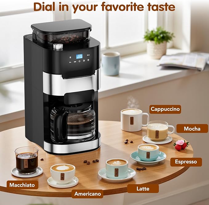 Joy Pebble 10-Cup Drip Coffee Maker with Built-In Grind, Grind & Brew, Touch-Screen Control, 1.5L Large Water Tank & Keep Warm Plate