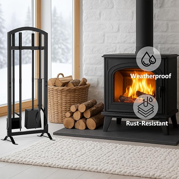 6 Pcs Fireplace Tools Set with Log Carrier, HXJLJY 34" Fireplace Accessories Sturdy Fire Tool Set Holder with Fire Poker Brush Shovel Tong Stand for Indoor Fireplace Outdoor Fire Pit Wood Stove, Arch