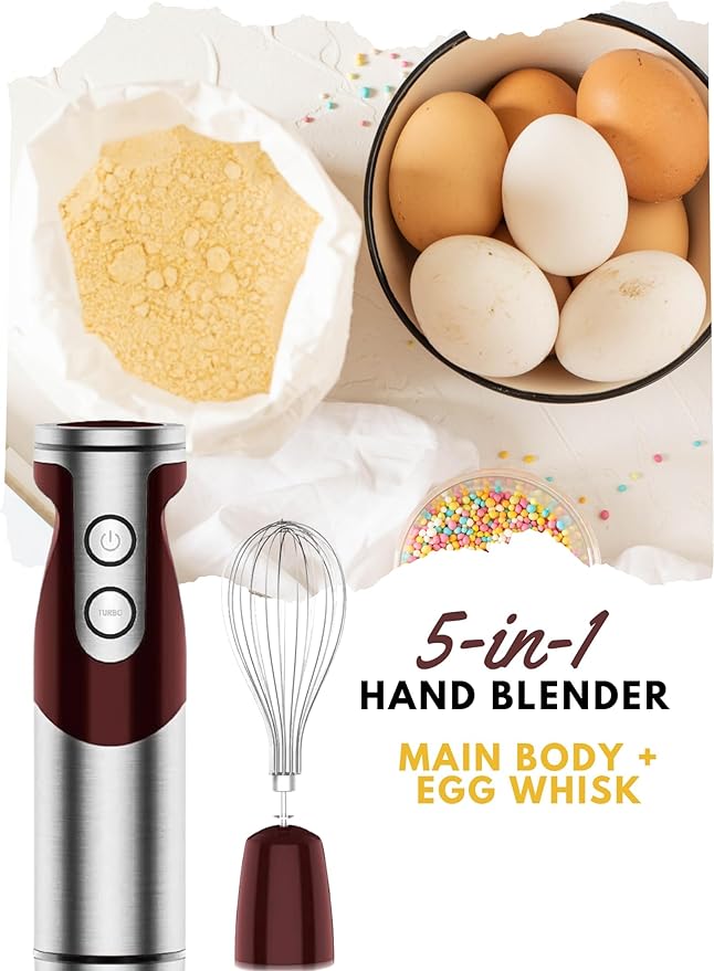 MegaWise Pro Titanium Reinforced 5-in-1 Immersion Hand Blender, Powerful Motor with 80% Sharper Blades, 12-Speed Corded Blender, Including 500ml Chopper, 600ml Beaker, Whisk and Milk Frother (Red)
