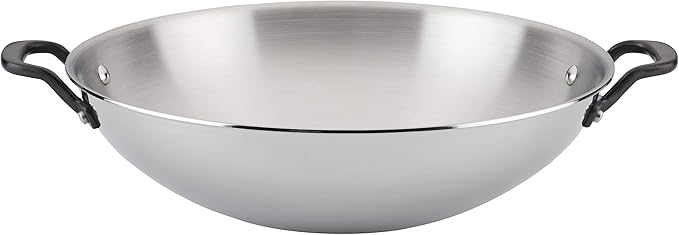 KitchenAid 5-Ply Clad Polished Stainless Steel Wok, Induction Compatible, Dishwasher Safe, 15 Inch Open Stir-Fry Pan