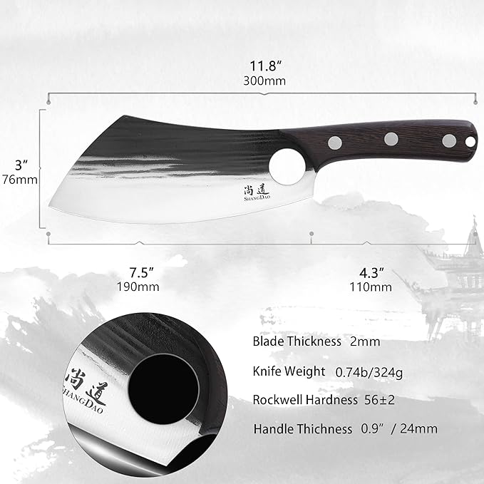 SHANGDAO 7.5" Chef Knife, Upgraded Serbian Chef Knife, Meat Cleaver Knife for Meat Cutting Forged Butcher Knife with Sheath Full Tang Kitchen Chopping Knife for Home, Outdoor Cooking, Camping