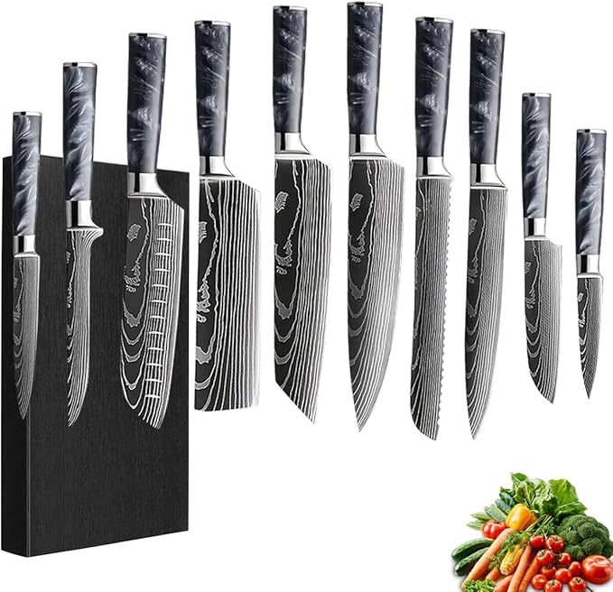 10-Piece Premium Japanese Kitchen Knife Set - Imperial Collection, Laser Damascus Pattern, 440A Stainless Steel Ultra Sharp for Fast Cutting (Black)