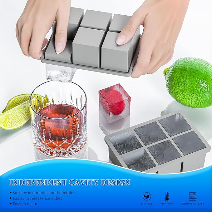 Large Ice Cube Tray for Whiskey, HANCELANT Big Silicone Square Ice Cube Mold with Removable Lid, 2'' Huge Square Ice Cubed Tray for Whisky and Cocktail