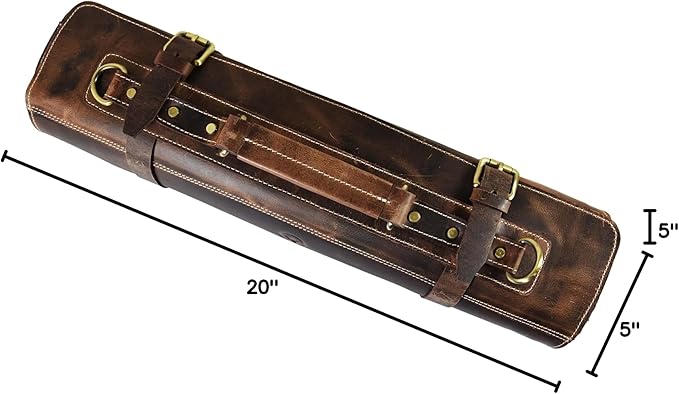 Leather Knife Roll Storage Bag, Elastic and Expandable 10 Pockets, Adjustable/Detachable Shoulder Strap, Travel-Friendly Chef Knife Case (Dark Brown, Leather)