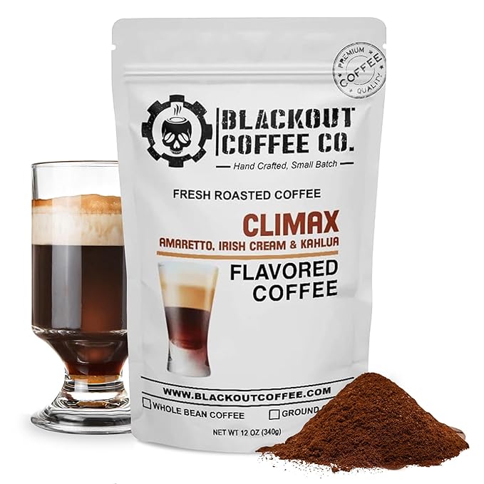 Blackout Coffee Climax Amaretto, Irish Cream & Kahlua Flavored Ground Coffee – Medium Roast, Smooth Taste, Guilt-Free Indulgence – Freshly Roasted 12oz Bag, American Made