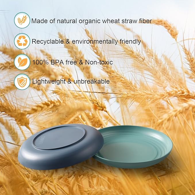 12 Pcs Unbreakable Deep Dinner Plates Set, 9 inch Reusable Plastic Wheat Straw Plates, Microwave and Dishwasher Safe Plate for Kitchen, Lightweight Plate for Dessert, BPA Free, Dark Blue