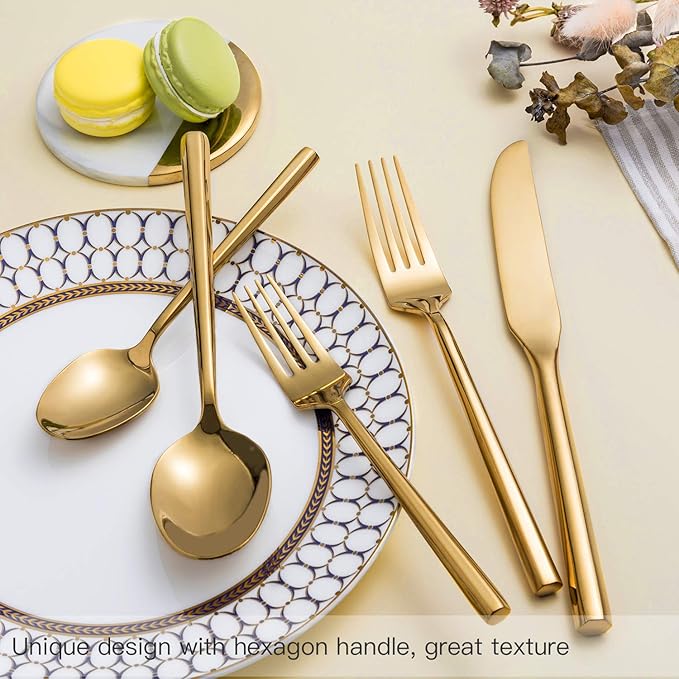 Gold Silverware Set Flatware Set Stainless Steel Cutlery Set 40 Pieces Hexagon Handle Home Kitchen Daily Use Service for 8
