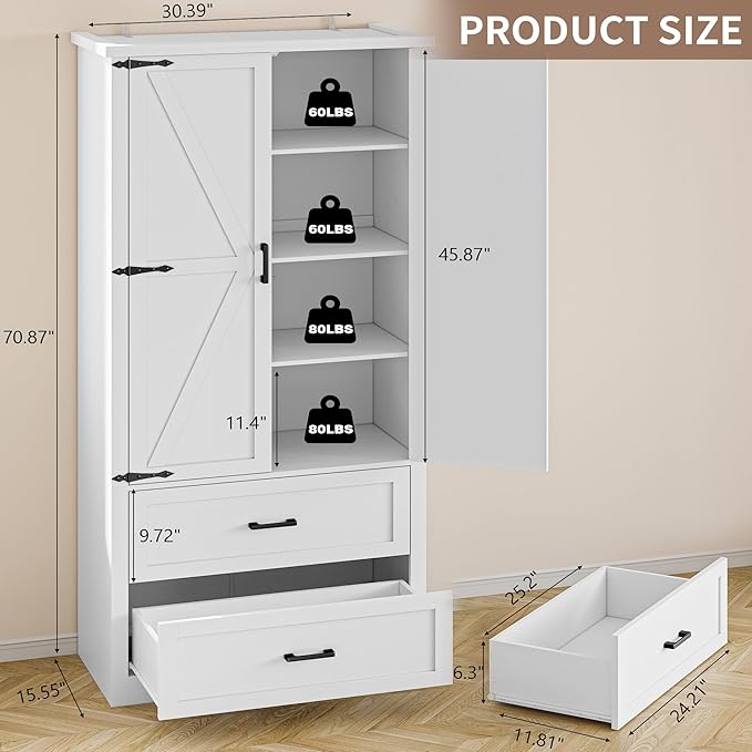 Pantry Organizers and Storage Cabinet, 71” Barn Door White Kitchen Cabinet with Drawers and Adjustable Shelf, Tall Pantry for Kitchen, Dining Room, Living Room. Bathroom and Office