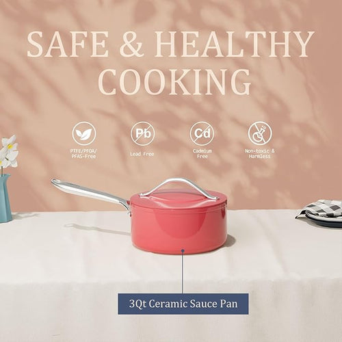 3.5QT Nonstick Ceramic Sauce Pan with Lid 8 Inch Ceramic Cookware Even Heat Distribution, Non Toxic PFAS-Free Healthy Cooking Pot for All Stovetops, Oven Safe Up To 500°F, Fusion Red