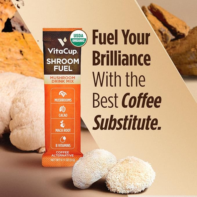 VitaCup Shroom Fuel, Mushroom Based Instant Coffee Alternative Packets, Mushroom Coffee Substitute w/Cacao, Cinnamon, Chaga, Lions Mane, & Maca for Energy, Immune Support, & Focus, 10 ct