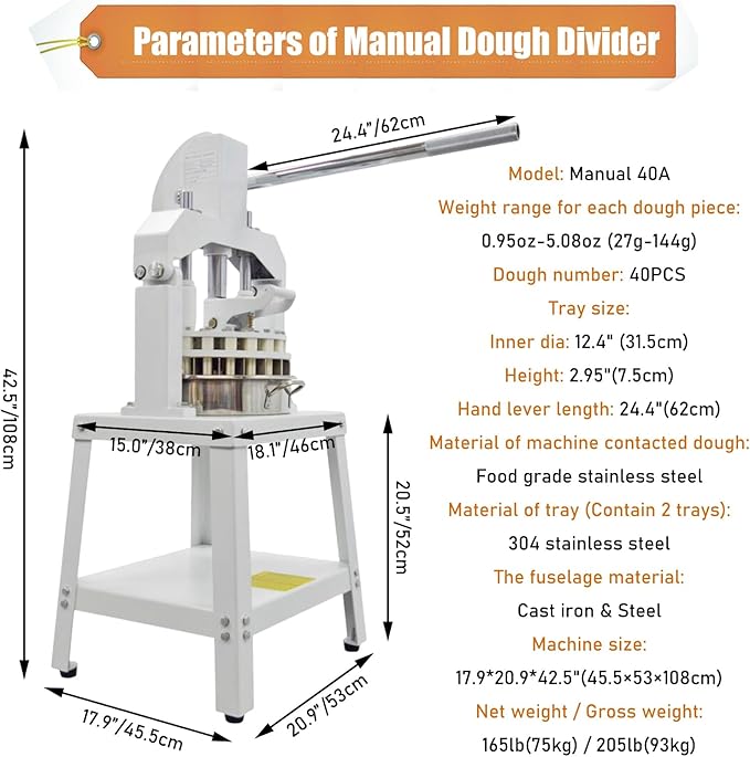 Commercial Dough Divider Manual 40PCS Dough Divider 0.95oz-5.08oz Heavy Duty Dough Cutter Machine with 27-144g Dough Weight Range for Baking, 40PCS