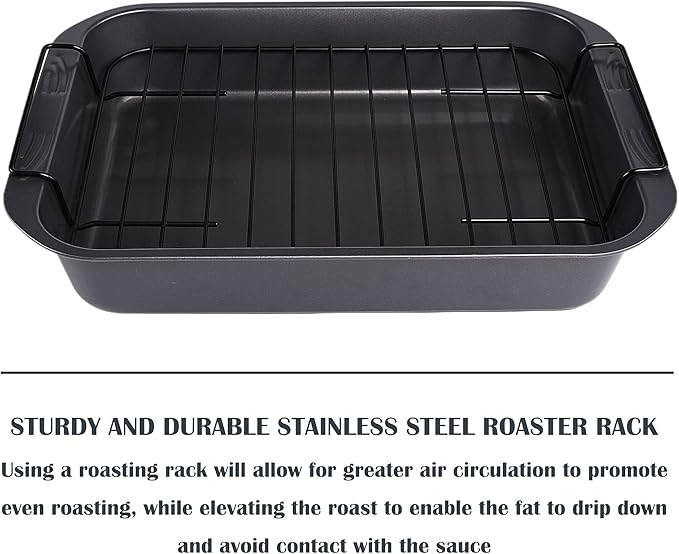 kitCom Bakeware Nonstick Roaster, Nonstick Roasting Pan with Rack, Great For Roast Chicken, Roasts And Turkeys - 15 Inch x 11 Inch (5.8 QT), Gray