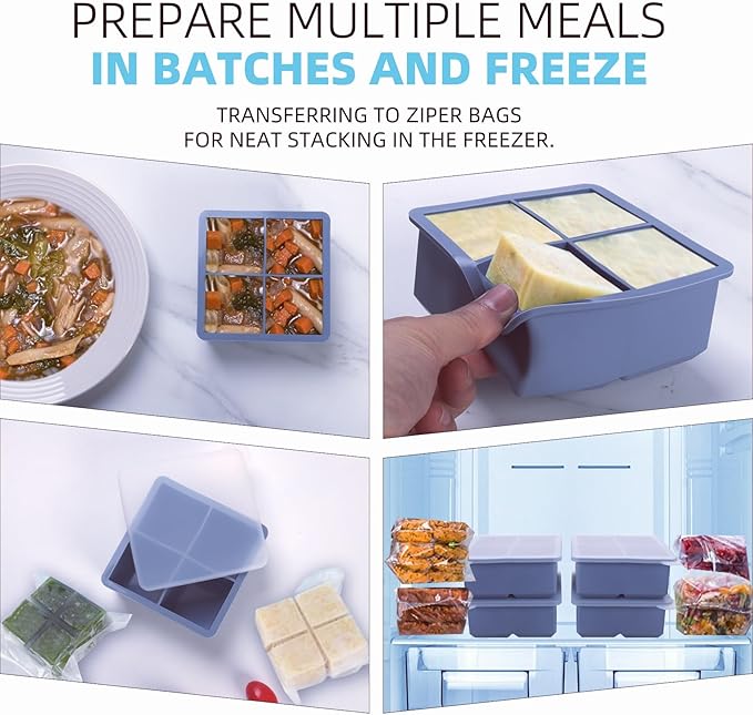 1/2 Cup Silicone Freezer Tray With Lid - Silicone Freezer Molds 2-Pack For meal prep & freezing of various sauces and other dishes, makes 8 perfect 1/2 cup portions cubes (Blue 2 Pack)
