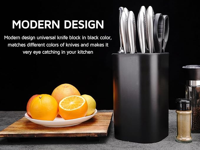 Universal Knife Block for Kitchen, WELLSTAR Knife Holder without Knives, Safe Space Saver Large Volume Stable Knife Storage with Scissors and Sharpening Rod Slot, Detachable for Easy Cleaning - Black
