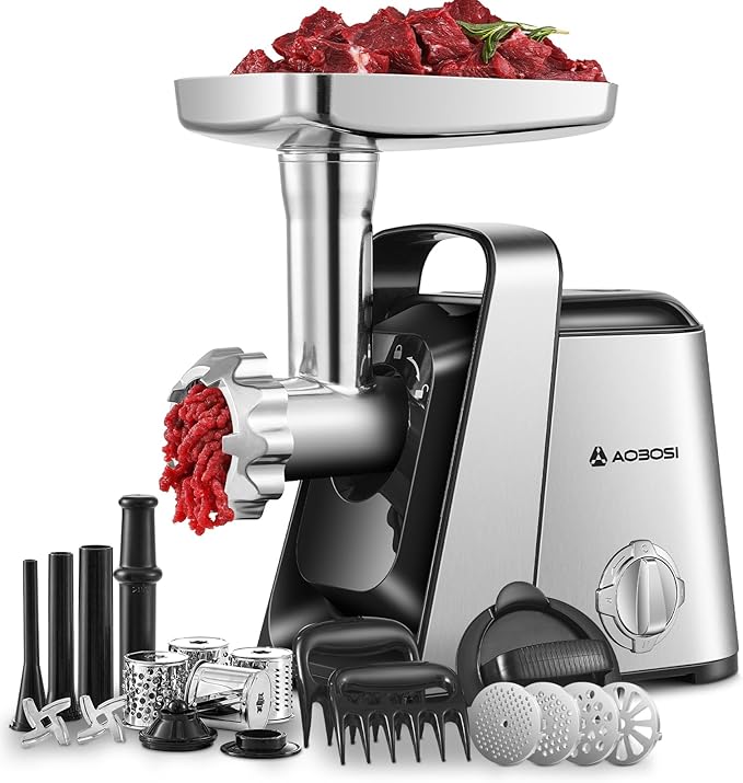 AAOBOSI 6-in-1 Electric Meat Grinder | 3000W Max | 3-Speed | 4 Grinding Plates|2 Stainless Steel Blades| Sausage Stuffer | Kubbe Maker & More Included | Built-in Storage Box for Home Kitchen Use