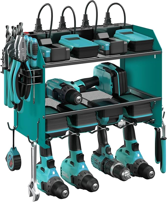 CCCEI Modular Power Tool Organizer Wall Mount with Charging Station. Garage Drill Storage Shelf with Hooks, Heavy Duty Rack, Tool Battery Holder Built in 8 Outlet. Gift for Men. Navy Blue, 1 Pack.