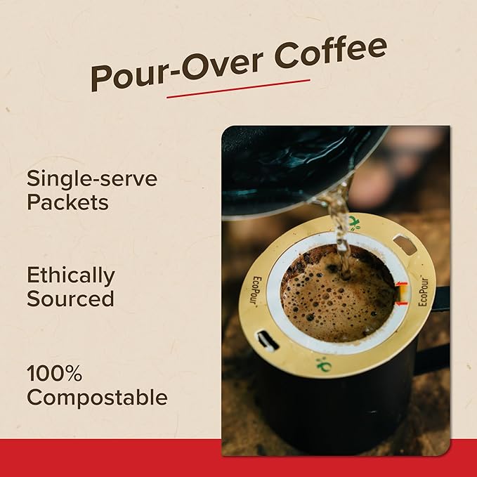 Coulée EcoPour Doc's Blend Coffee, Single Serve Pour Over Arabic Coffee, Dark Roast, Use for Camping or Traveling, Pre Filled Compostable Filters, Ready to Brew with Hot Water, 20 Pack