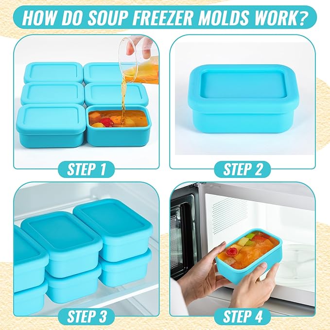 6 Packs 1 Cup Silicone Soup Freezer Molds with Lid Silicone Soup Freezer Trays Rectangle Reusable Food Preserving Tray Freezing Sauces Stews(Lake Blue)