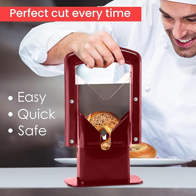 Slyce - Bagel Slicer, Bagel Cutter with Safety Shield and Safe Grip, Bagel Holder for Cutting Large and Small Bagels, Stainless Steel Blade (Red)